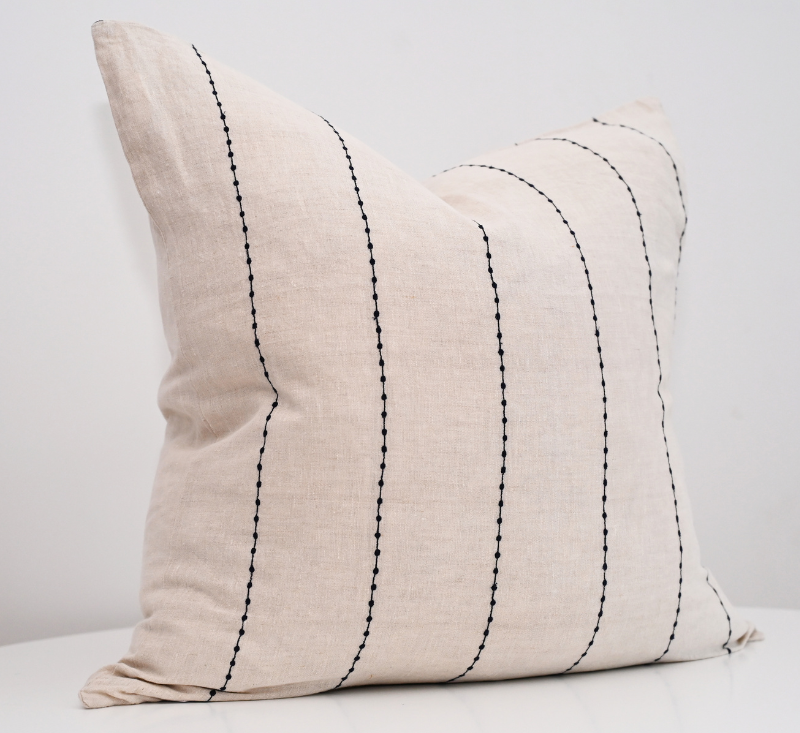 Conner Oatmeal Square Linen Blue Stripe Cushion - Image 2