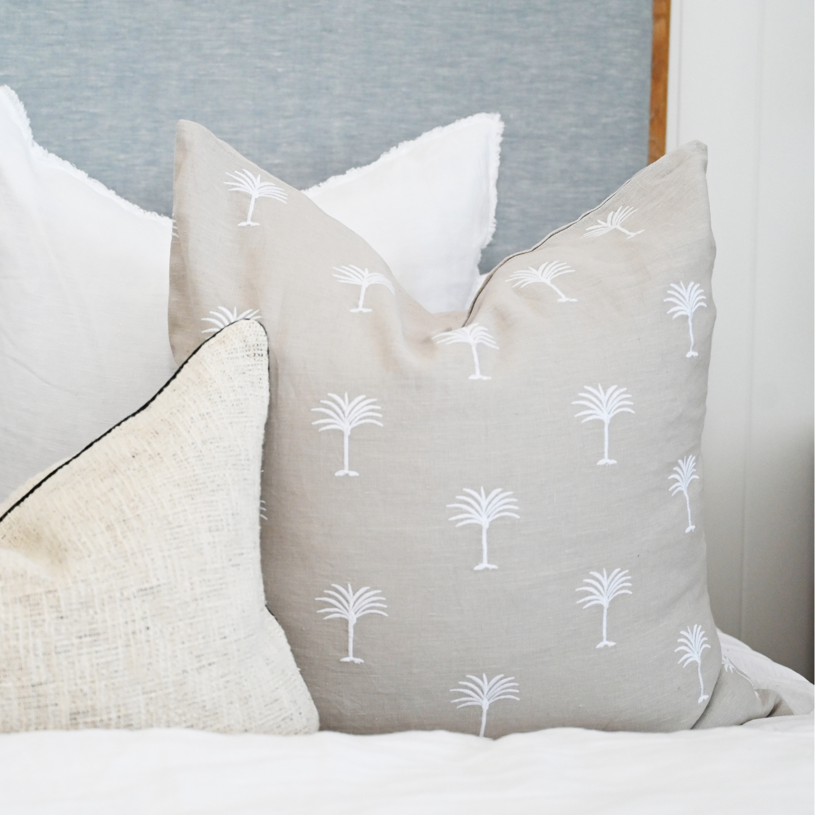 Palm Tree Oatmeal Linen Square Cushion