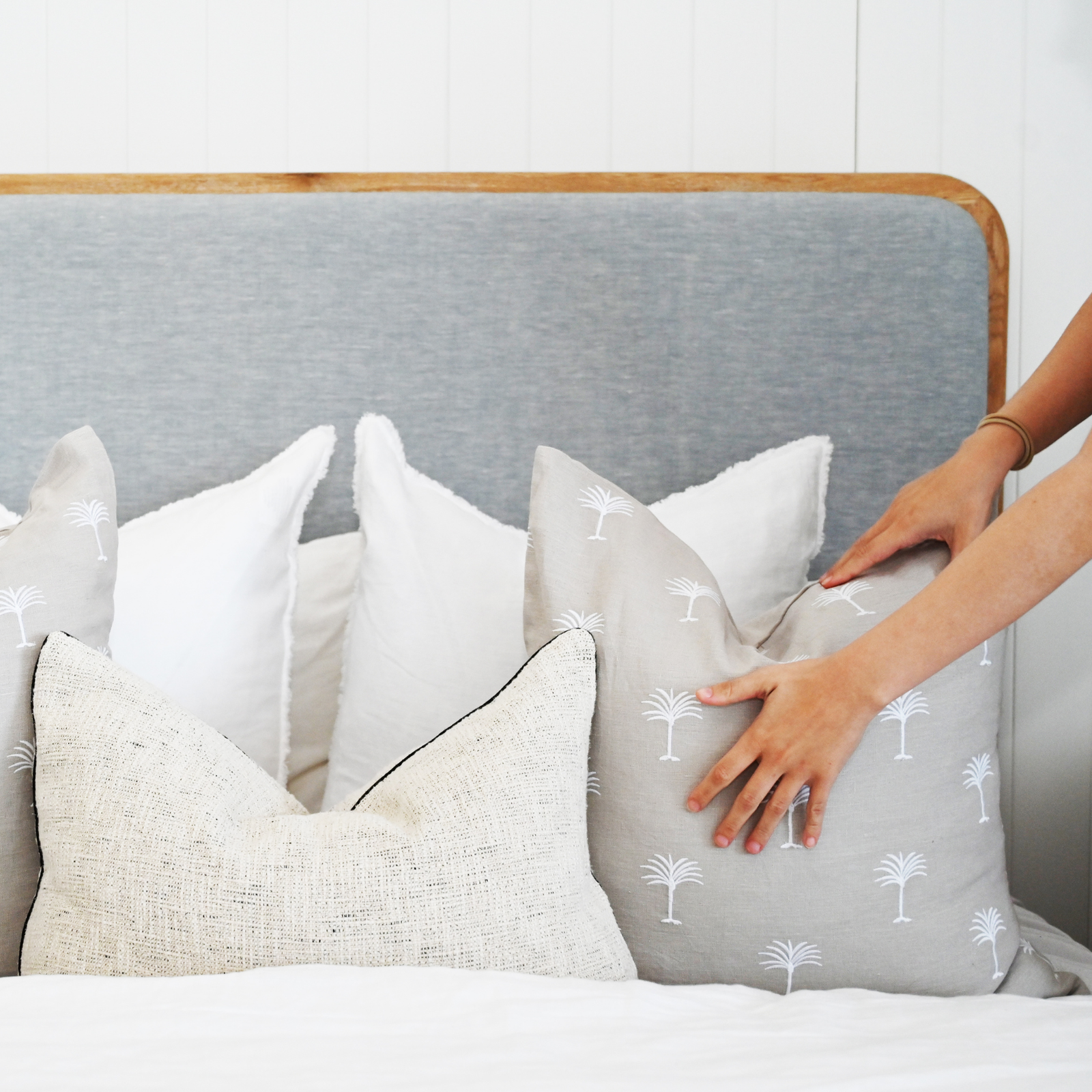 Palm Tree Oatmeal Linen Square Cushion - Image 2