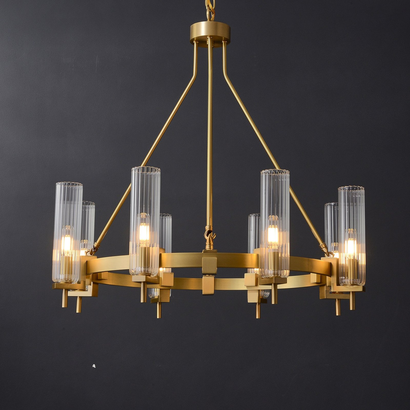 Modern Geometrical Clear Glass Brass Chandelier - Image 2