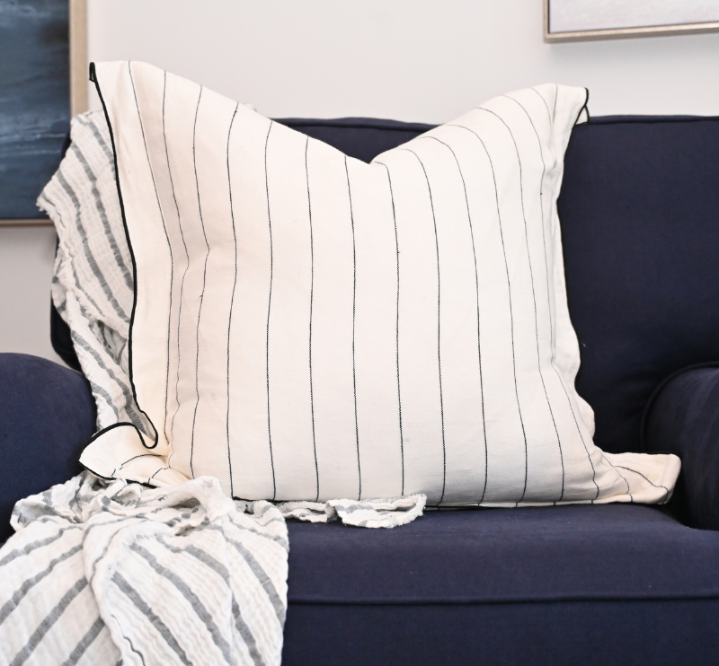 Tamarama White & Blue Stripe Square Linen Cushion Cover Only - Image 5