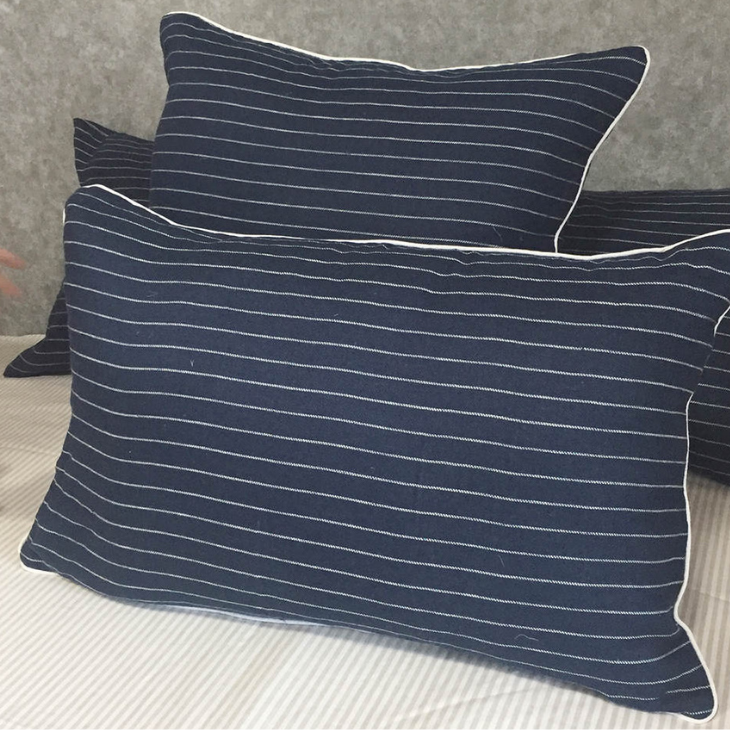 Threads 100% Linen Square Cushion - Navy Thin White Stripe - Image 2