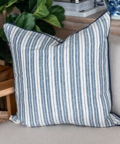 Threads 100% Linen Square Cushion - Oatmeal With Blue Stripe