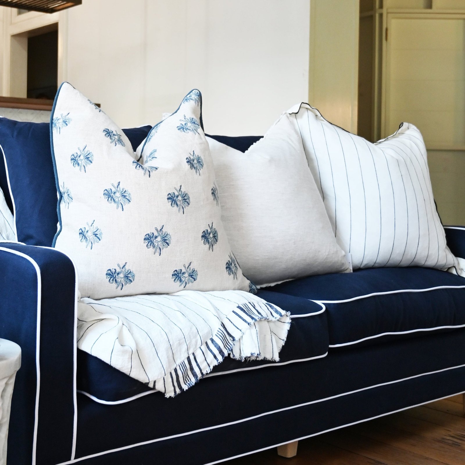 Tamarama White & Blue Stripe Square Linen Cushion Cover Only - Image 2