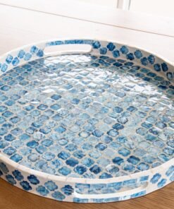 Quatrefoil Round Mother Of Pearl Tray- Blue