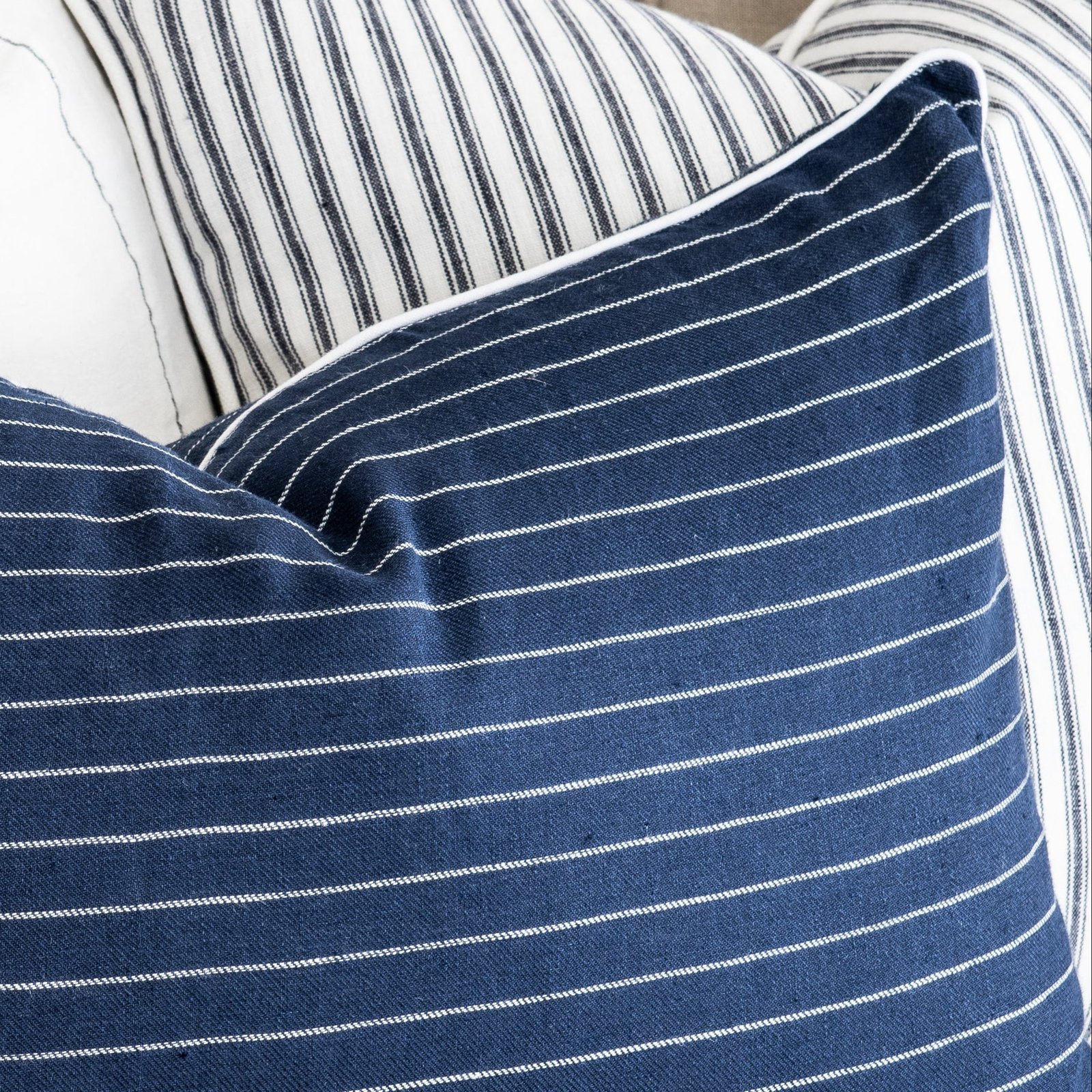 Threads 100% Linen Square Cushion - Navy Thin White Stripe