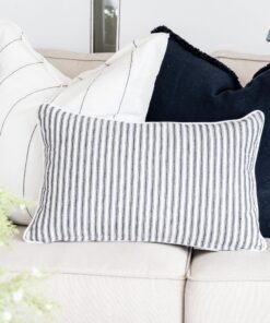 Threads 100percent Linen Lumbar Cushion - Dark Blue Stripe With White Piping