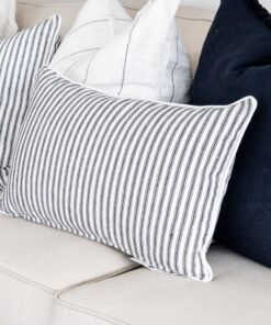 Alternative view of Threads 100percent Linen Lumbar Cushion - Dark Blue Stripe With White Piping