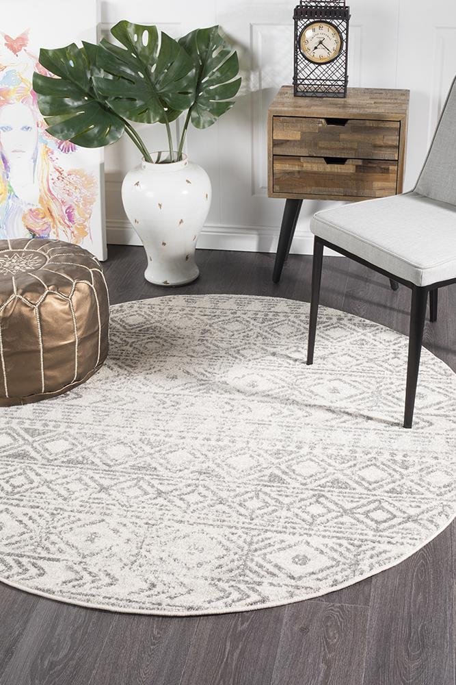 Oasis Ismail White Grey Rustic Round Rug - Image 2