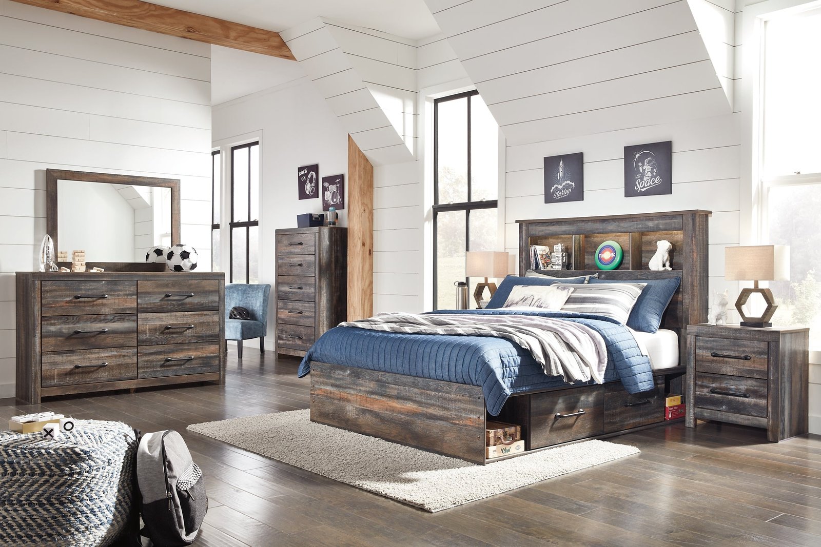 Drystan Full Bookcase Bed with 2 Storage Drawers with Mirrored Dresser, Chest and Nightstand - Image 2