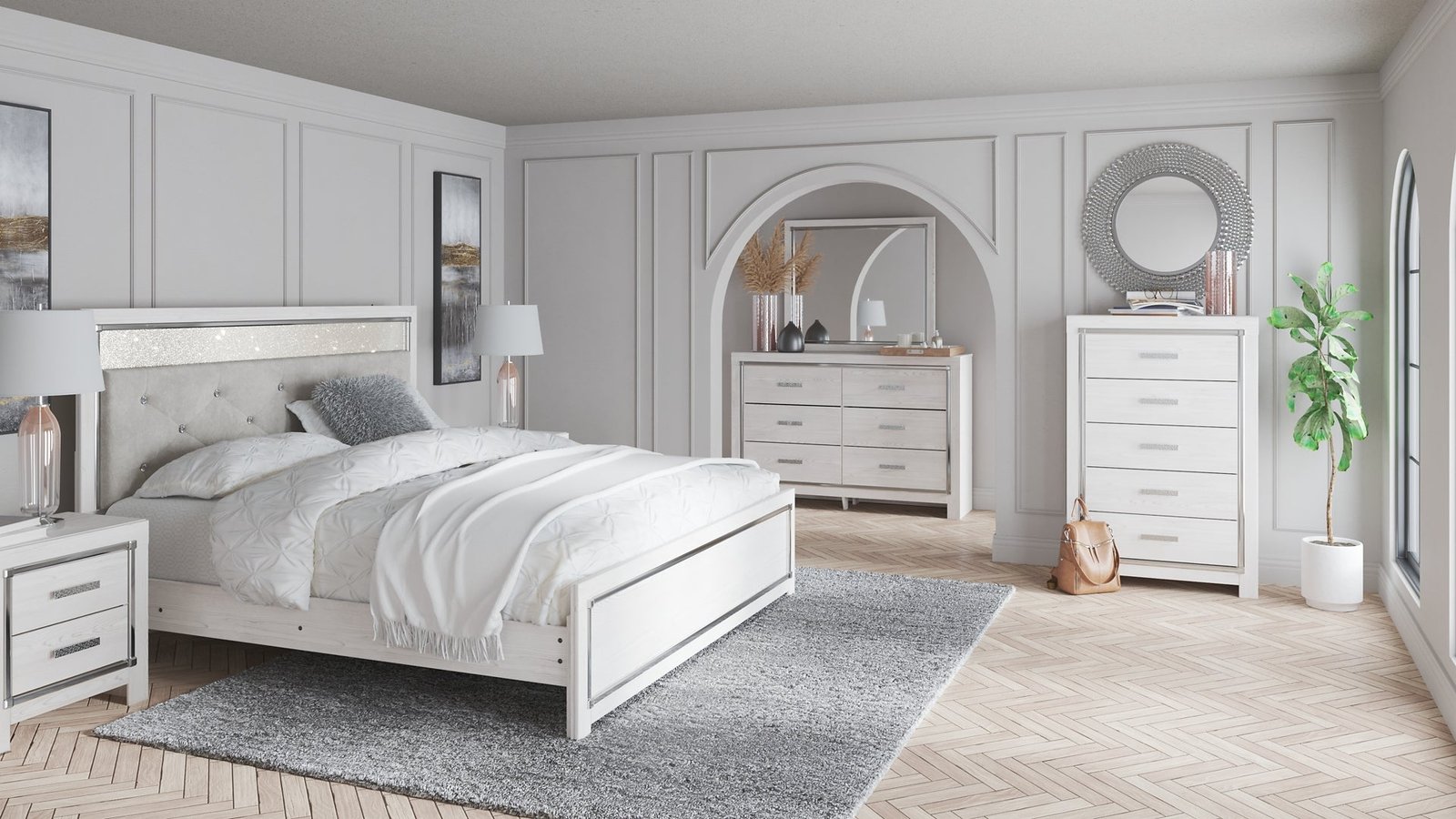 Altyra King Panel Headboard Bed with Mirrored Dresser, Chest and Nightstand - Image 6