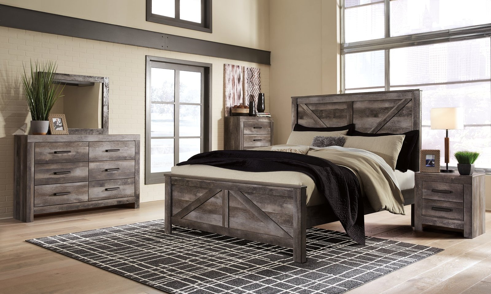 Wynnlow King Crossbuck Panel Bed with Mirrored Dresser, Chest and Nightstand - Image 2
