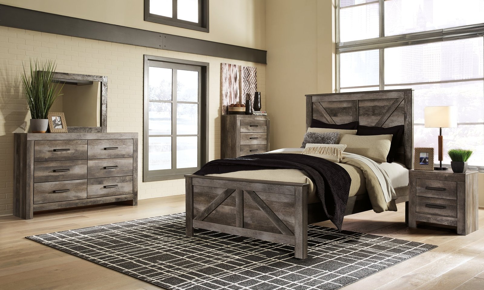 Wynnlow Queen Crossbuck Panel Bed with Mirrored Dresser, Chest and Nightstand - Image 2