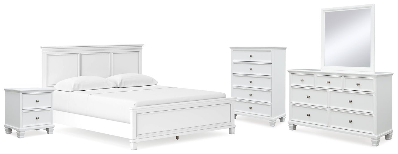 Fortman California King Panel Bed with Mirrored Dresser, Chest and Nightstand