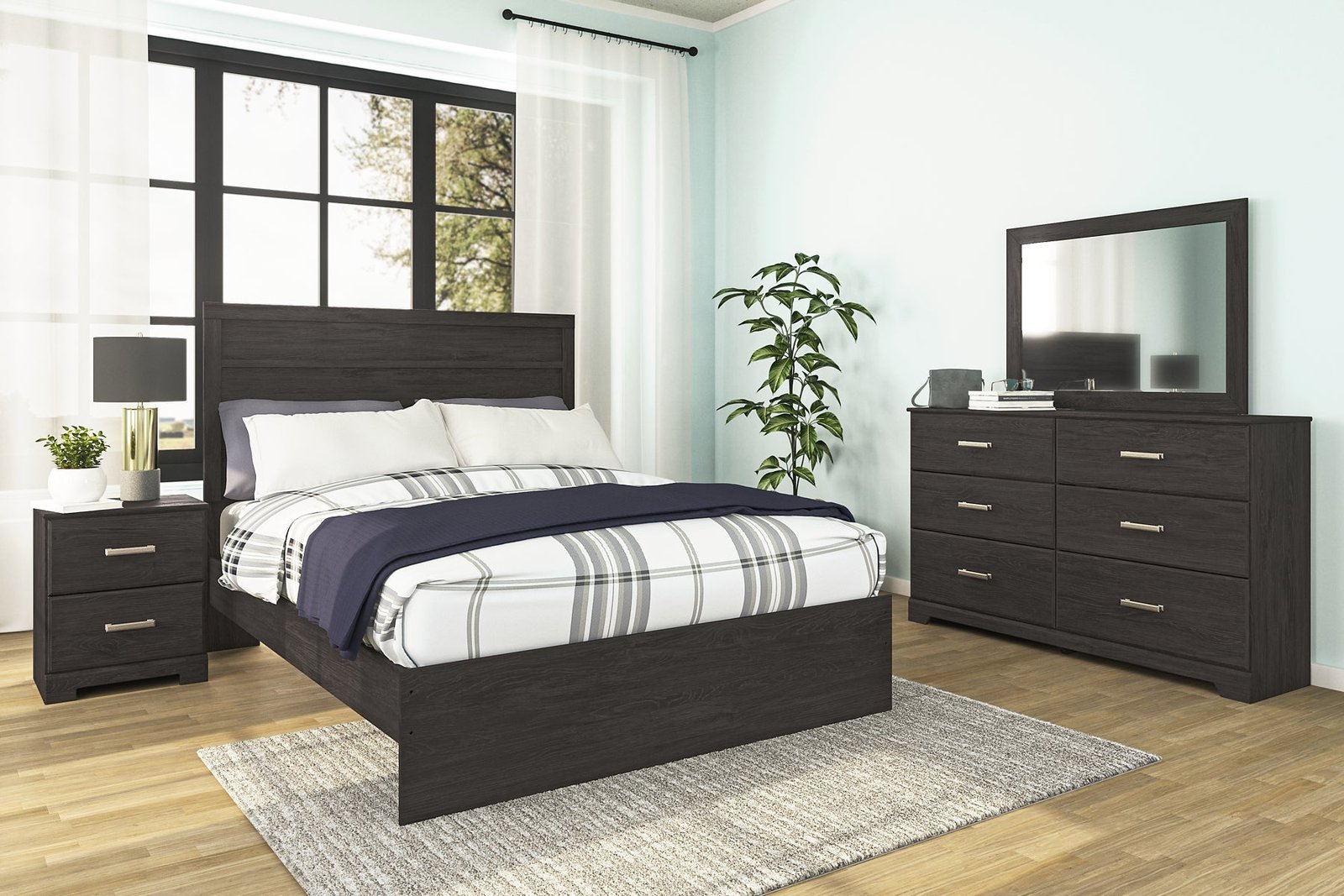 Belachime Queen Panel Bed with Mirrored Dresser and Nightstand - Image 2