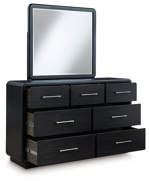 Rowanbeck California King Upholstered Panel Bed with Mirrored Dresser, Chest and Nightstand - Image 3