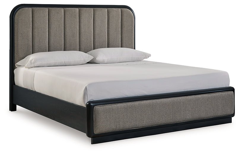 Rowanbeck California King Upholstered Panel Bed with Mirrored Dresser, Chest and Nightstand - Image 9