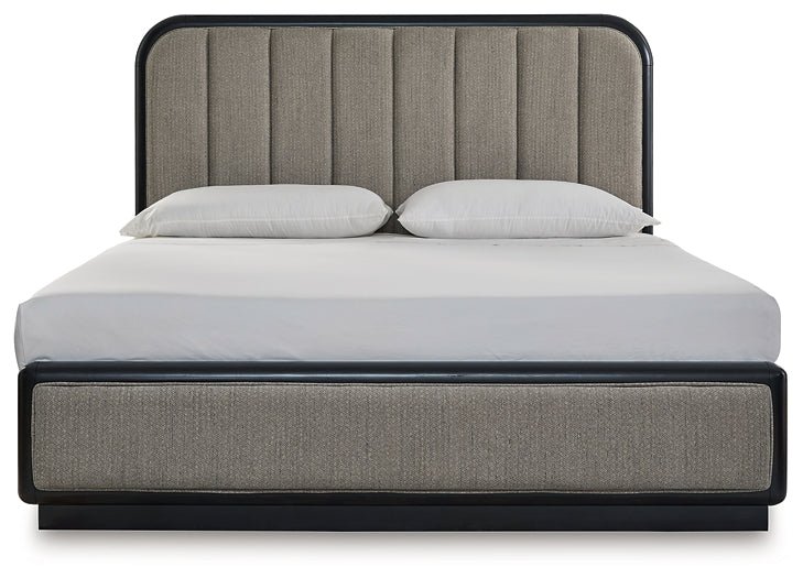 Rowanbeck California King Upholstered Panel Bed with Mirrored Dresser, Chest and Nightstand - Image 8