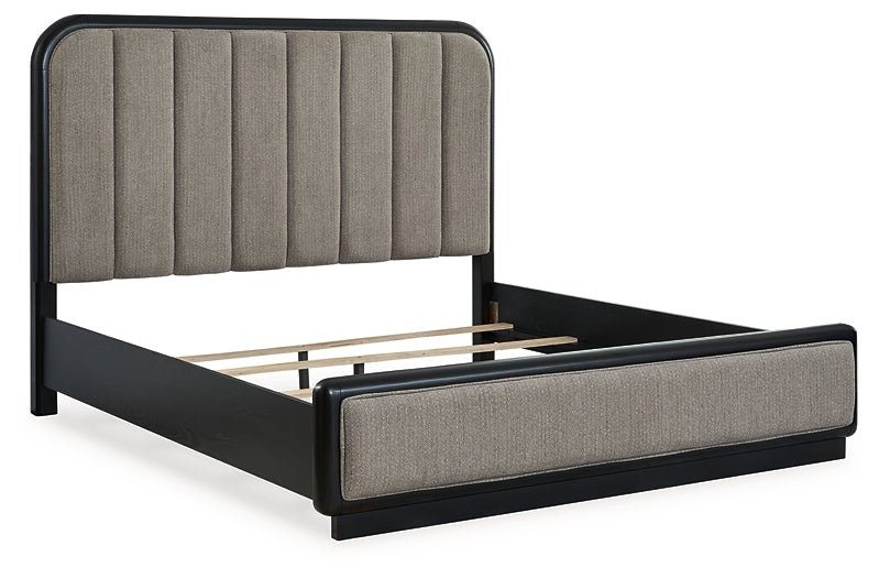 Rowanbeck California King Upholstered Panel Bed with Mirrored Dresser, Chest and Nightstand - Image 10