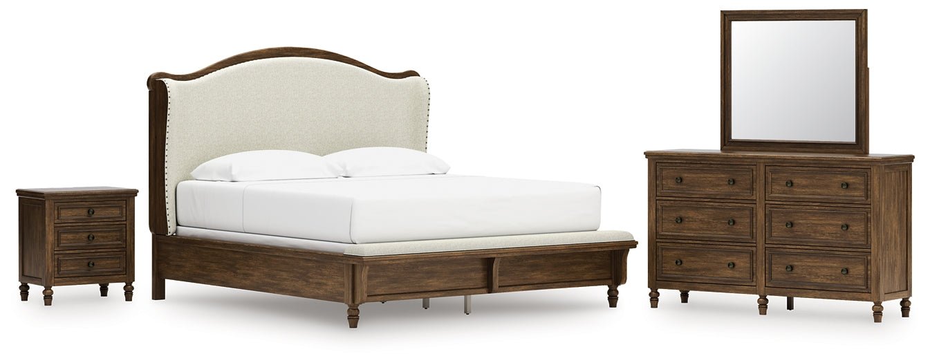 Sturlayne King Upholstered Panel Bed with Mirrored Dresser and Nightstand