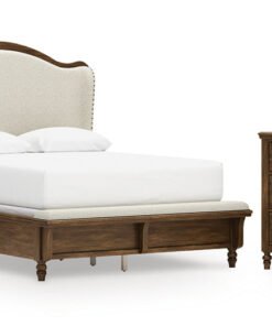 Sturlayne Queen Upholstered Panel Bed with Mirrored Dresser and Nightstand