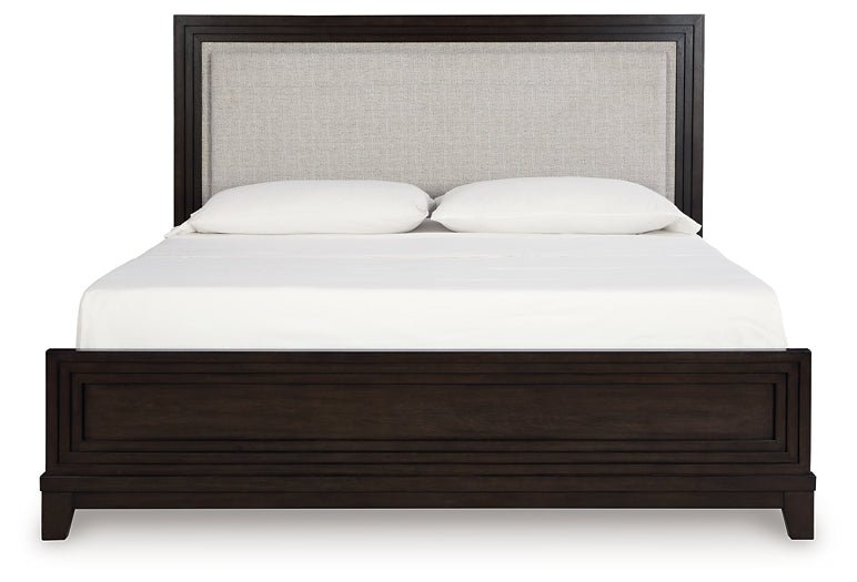 Neymorton California King Upholstered Panel Bed with Mirrored Dresser, Chest and Nightstand - Image 5