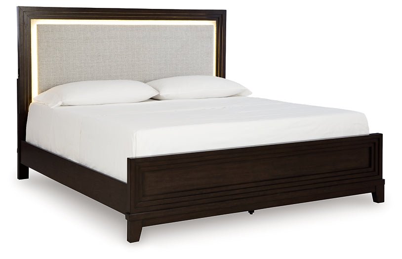 Neymorton California King Upholstered Panel Bed with Mirrored Dresser, Chest and Nightstand - Image 8