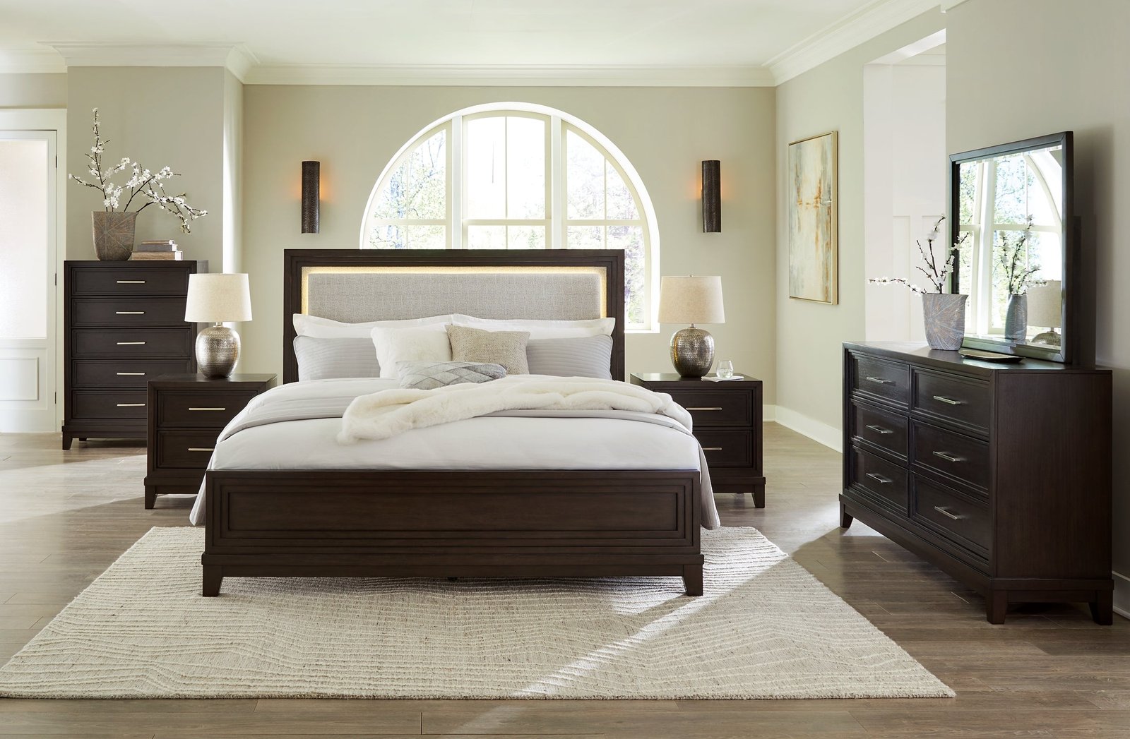 Neymorton California King Upholstered Panel Bed with Mirrored Dresser, Chest and Nightstand - Image 2