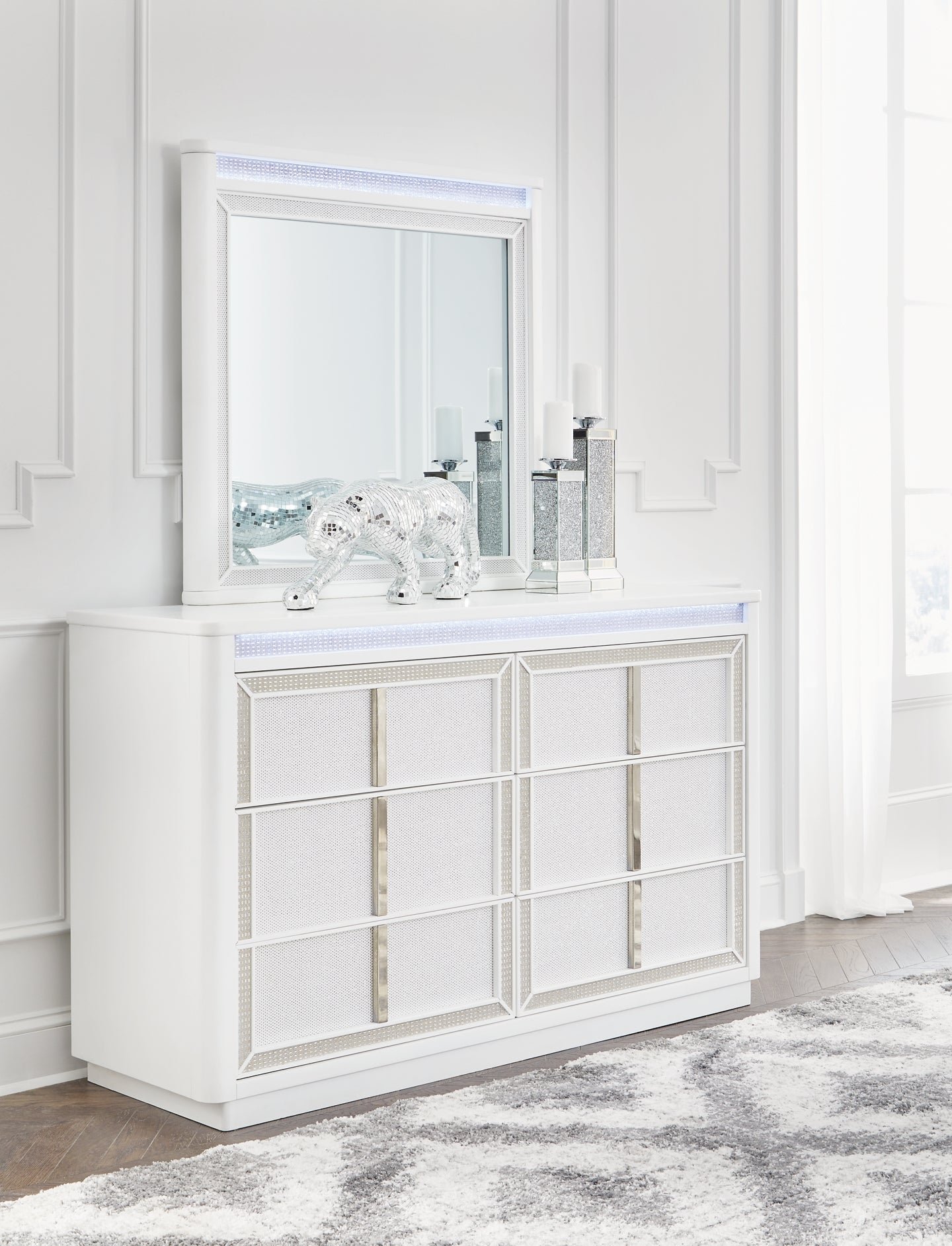 Chalanna California King Upholstered Storage Bed with Mirrored Dresser and Nightstand - Image 9
