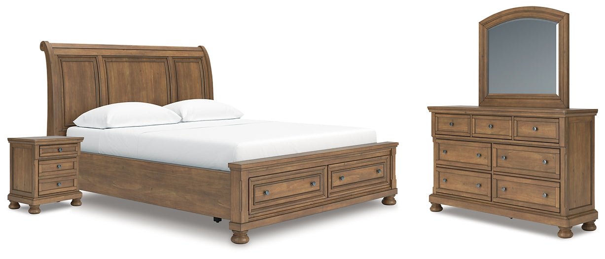 Feddinger California King Storage Sleigh Bed with Mirrored Dresser and Nightstand