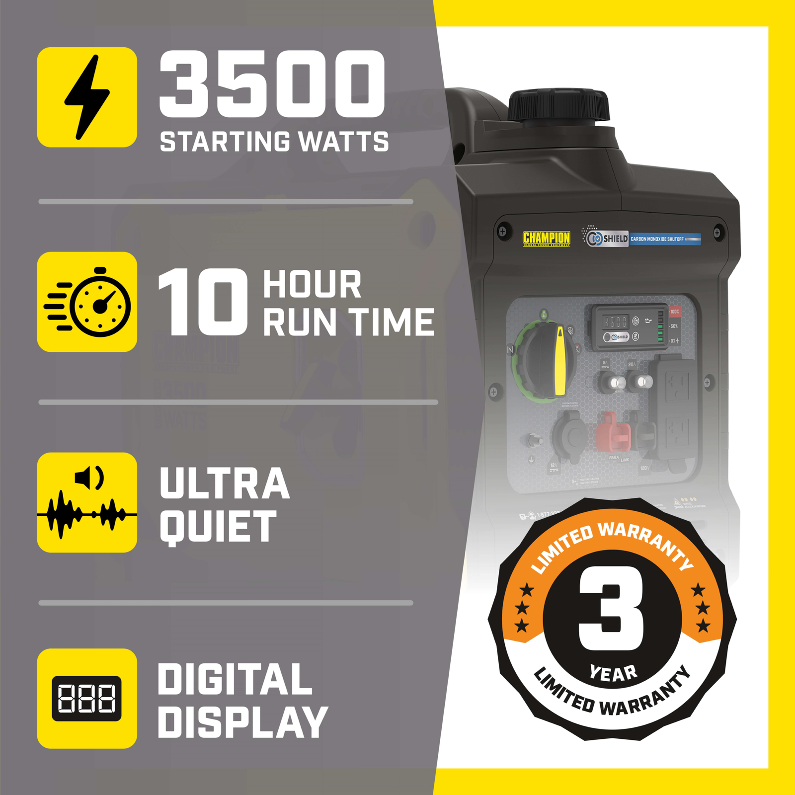 Champion 100571 2300W/3500W Generator Gas Inverter Low THD CO Shield New - Image 3