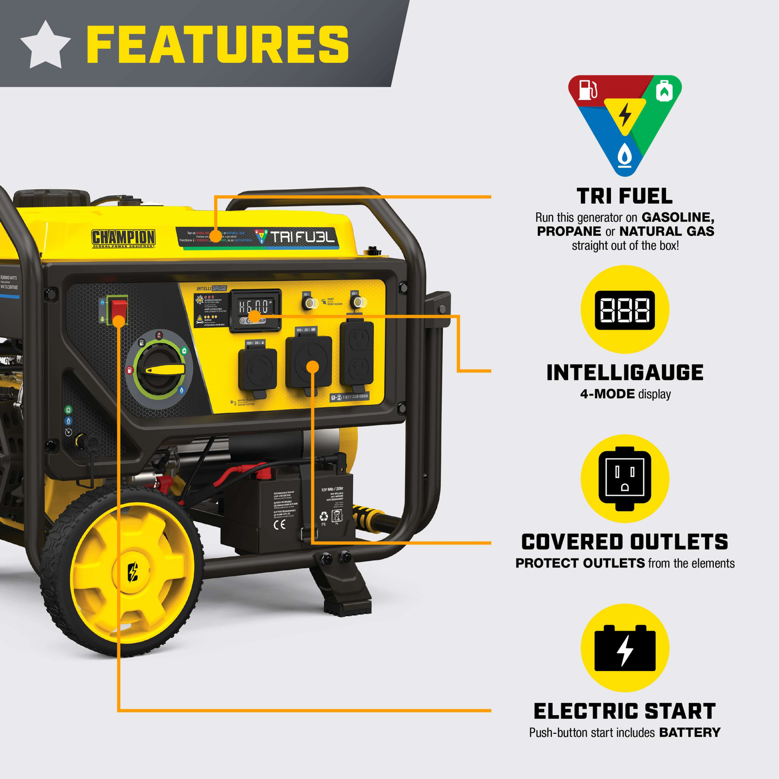 Champion 201223 4000W/5000W Generator Tri-Fuel Gas Propane Natural Gas CO Shield Electric Start New - Image 3