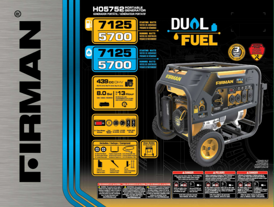Firman H05752 5700W/7125W 30 Amp Recoil Start Dual Fuel Portable Generator New - Image 5