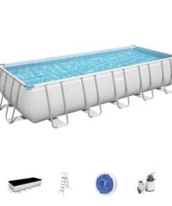 Bestway Rectangular Metal Frame Above Ground Swimming Pool Set Gray