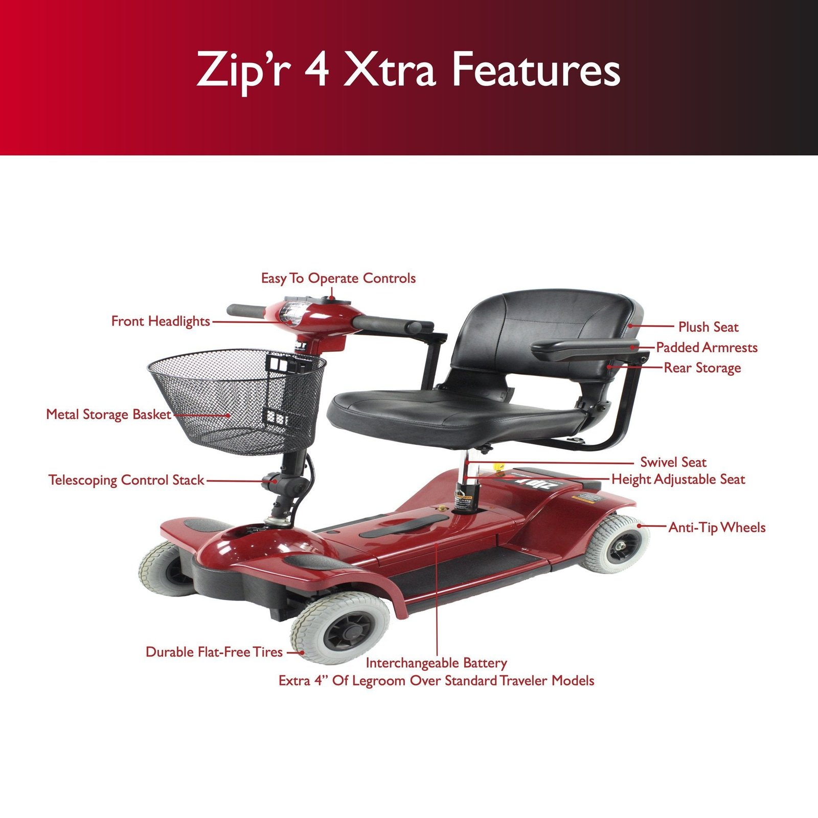 Zip'r 4 XTRA Traveler Long Range Mobility Scooter Red New - Image 2
