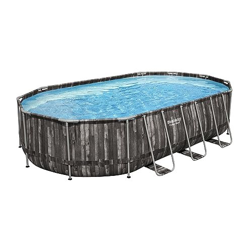 Bestway Power Steel Oval Metal Frame Above Ground Swimming Pool Set Gray Wood Print - Image 4