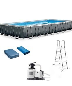 Alternative view of Intex Rectangular Ultra XTR Frame Above Ground Swimming Pool with Pump, Sand Filter, Pool Ladder, Ground Cloth, and Pool Cover