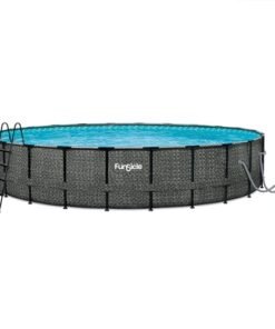 Funsicle Oasis Designer Round Frame Above Ground Pool with Filter Pump and Cover Dark Herringbone