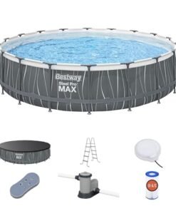 Bestway Steel Pro MAX 18 Foot x 48 Inches Round Swimming Pool Set Grey Print LED