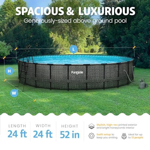 Funsicle Oasis Designer Round Frame Above Ground Pool with Filter Pump and Cover Dark Herringbone - Image 3