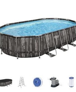Bestway Power Steel Oval Metal Frame Above Ground Swimming Pool Set Gray Wood Print