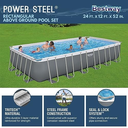 Bestway Power Steel Rectangular Metal Frame Pool Set with Sand Filter Pump Gray - Image 2