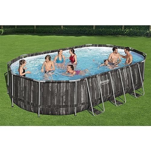 Bestway Power Steel Oval Metal Frame Above Ground Swimming Pool Set Gray Wood Print - Image 3