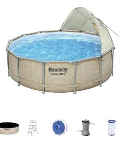 Bestway Power Steel 13' x 42" Round Above Ground Swimming Pool Set with Canopy Brown Wicker Print