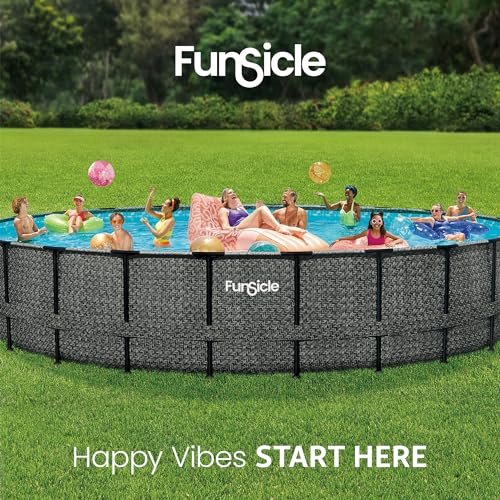 Funsicle Oasis Designer Round Frame Above Ground Pool with Filter Pump and Cover Dark Herringbone - Image 2