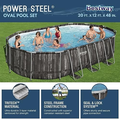 Bestway Power Steel Oval Metal Frame Above Ground Swimming Pool Set Gray Wood Print - Image 2