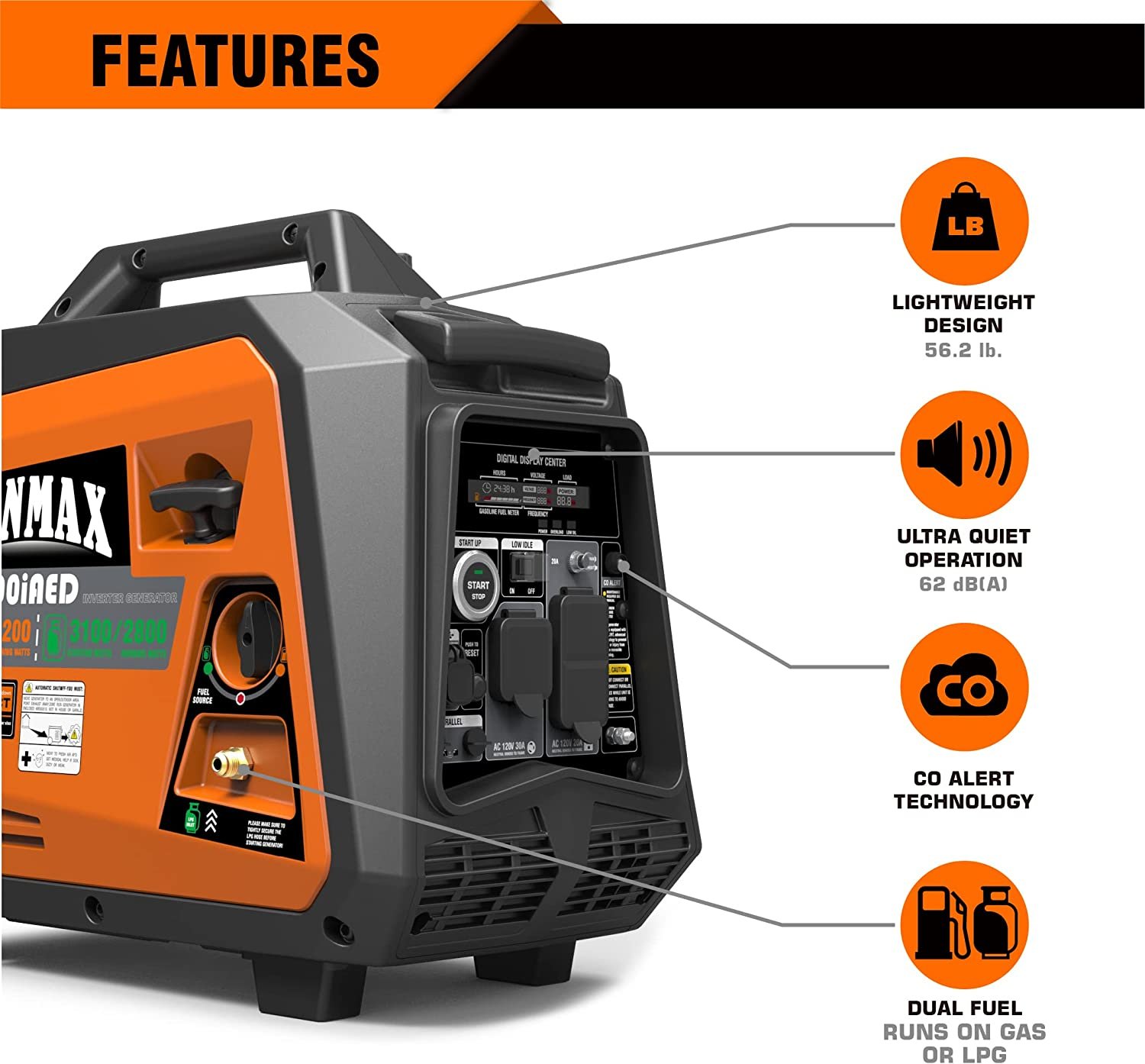 GENMAX GM3500iAED 30 Amp 3200W/3500W Remote Start Dual Fuel Inverter Generator with CO Detect New - Image 4