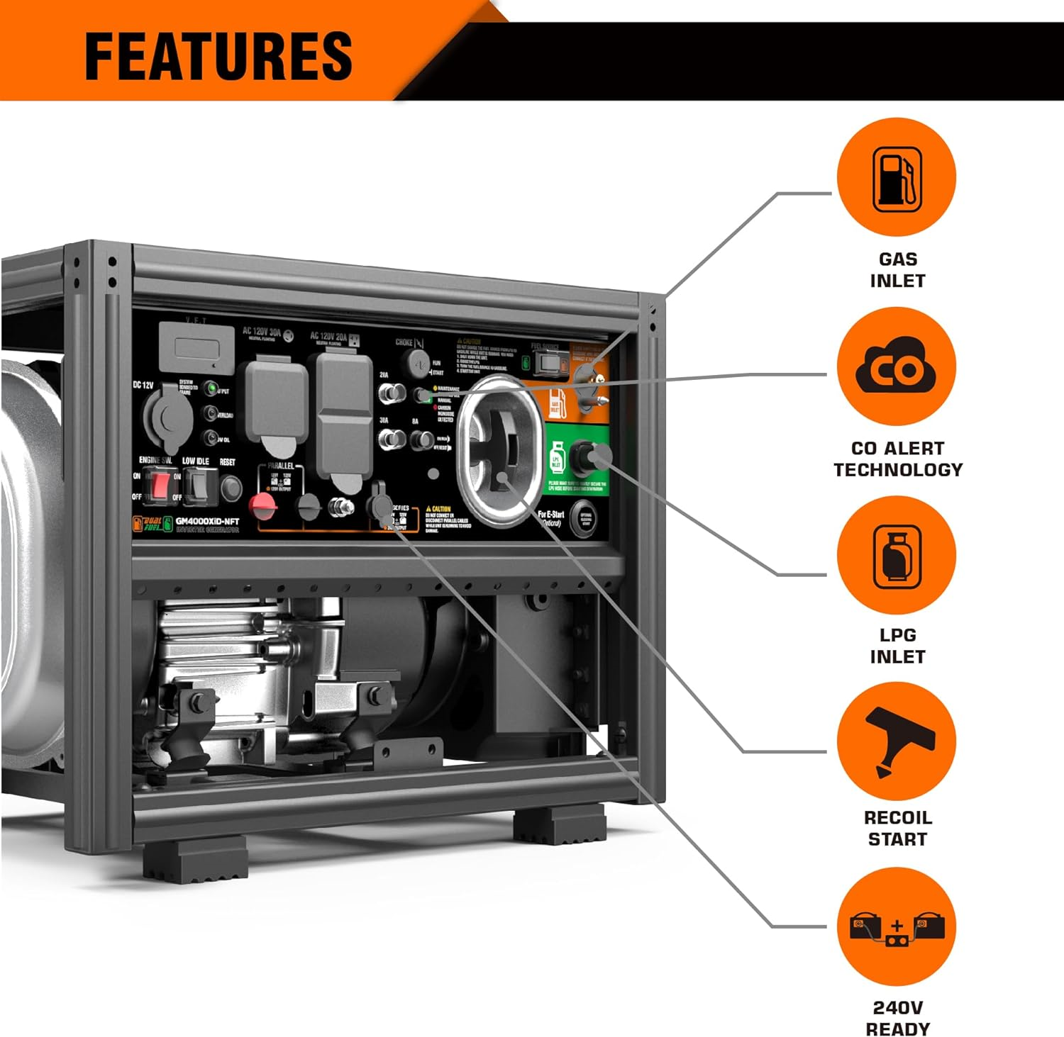 GENMAX GM4000XiD-NFT Dual Fuel DIY Inverter Generator 3200W/4000W 120V Parallel Ready with CO Detect New - Image 3
