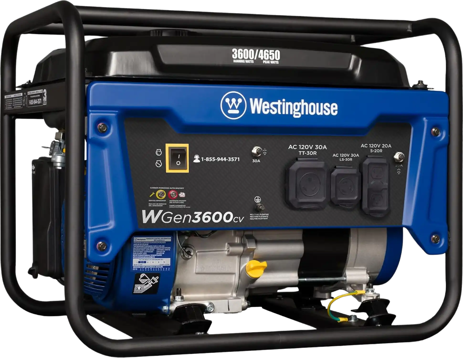Westinghouse WGen3600cv Generator 3600W/4650W 30 Amp Recoil Start Gas with CO Sensor New