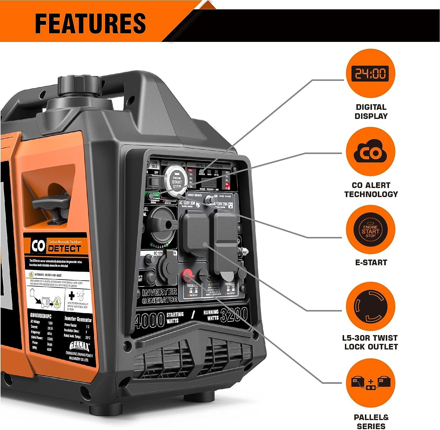 GENMAX GM4000iSBEPC 3200W/4000W 26.7 Amp Electric Start Gas Inverter Generator Parallel Ready with CO Detect New - Image 2